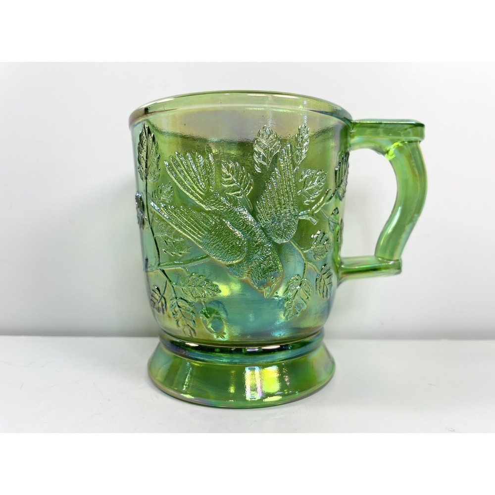 Robin In The Tree Bryce Brothers Mosser Green Iridescent Glass Mug 1983 Set Of 2